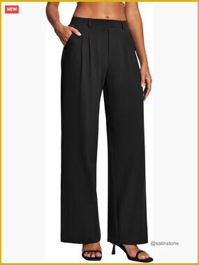 Polyester Blend Pull On Wide Leg Stretchy Work Pants High Rise